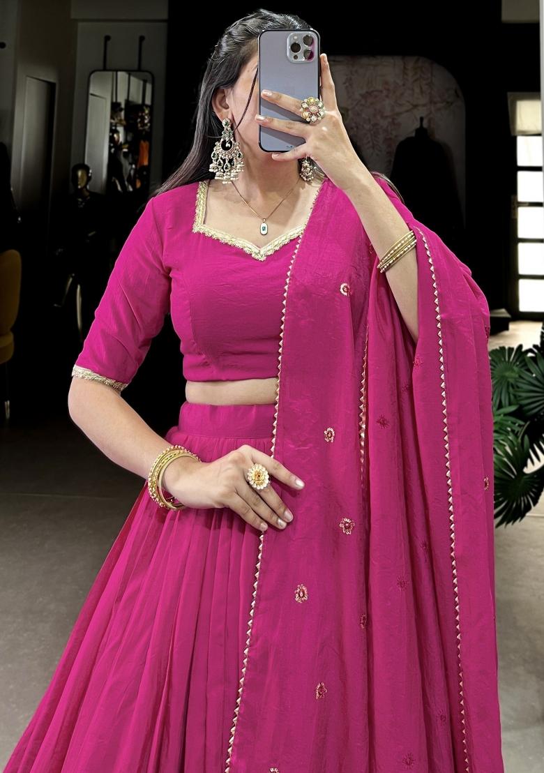 Pink Embroidered Chanderi Lehenga Set With Dupatta