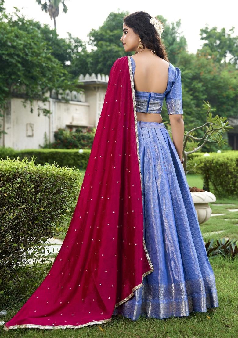 Blue Embroidered Silk Lehenga Set With Dupatta