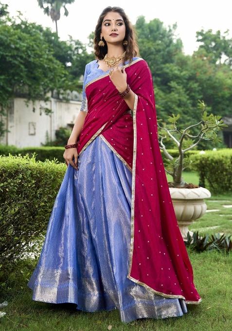 Blue Embroidered Silk Lehenga Set With Dupatta