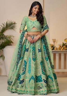 Green Embroidered Silk Lehenga Set With Dupatta