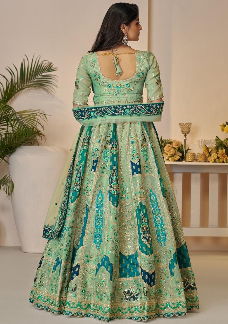 Green Embroidered Silk Lehenga Set With Dupatta