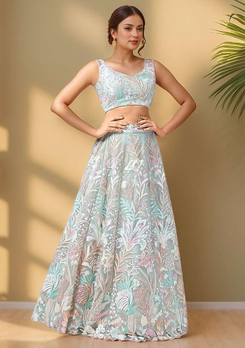 Green Embroidered Net Lehenga Set With Dupatta for Diwali and Festive Wear - Indya