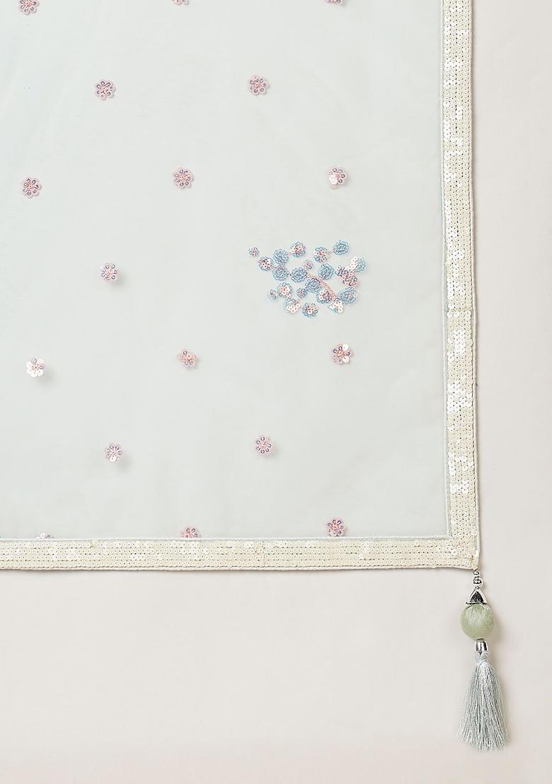 Green Embroidered Net Lehenga Set With Dupatta