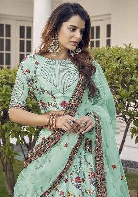 Green Embroidered Silk Lehenga Set With Dupatta