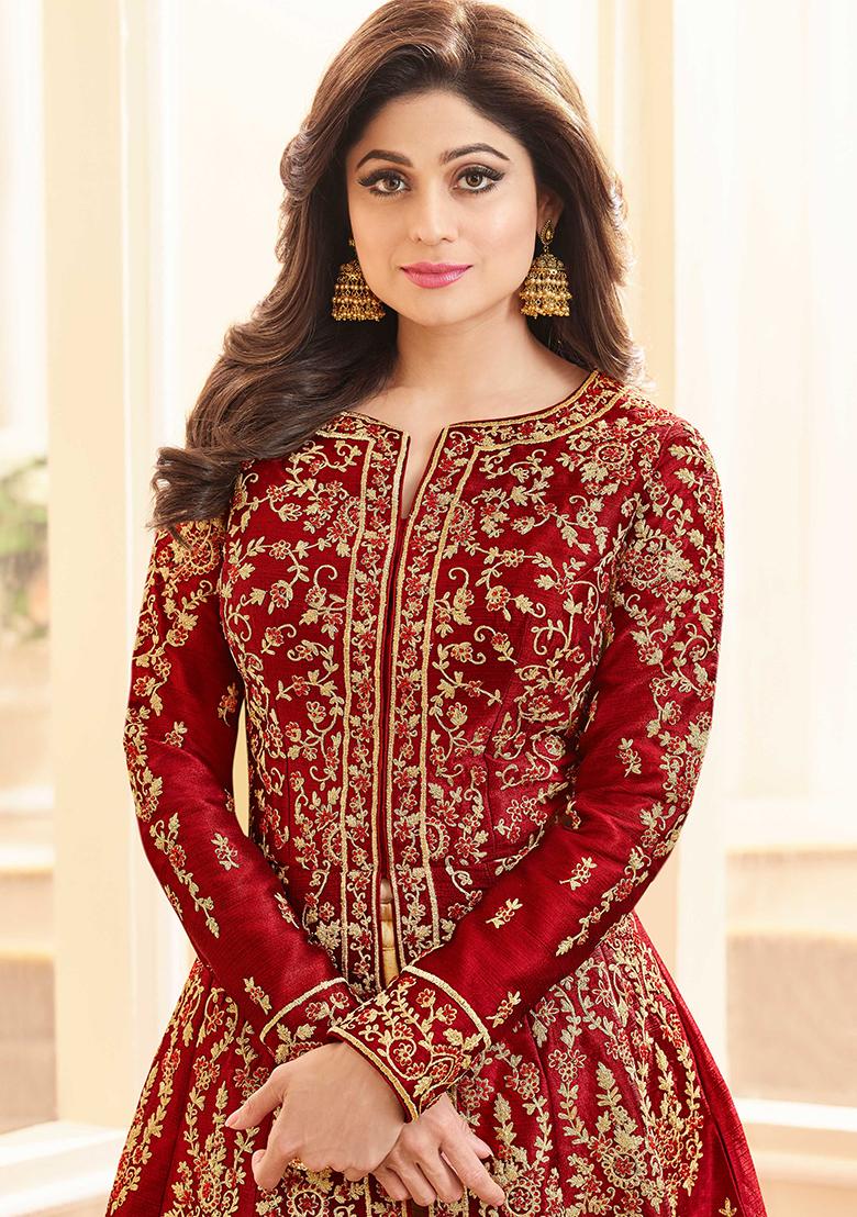 Red Digital Print Banglori Silk Lehenga Set