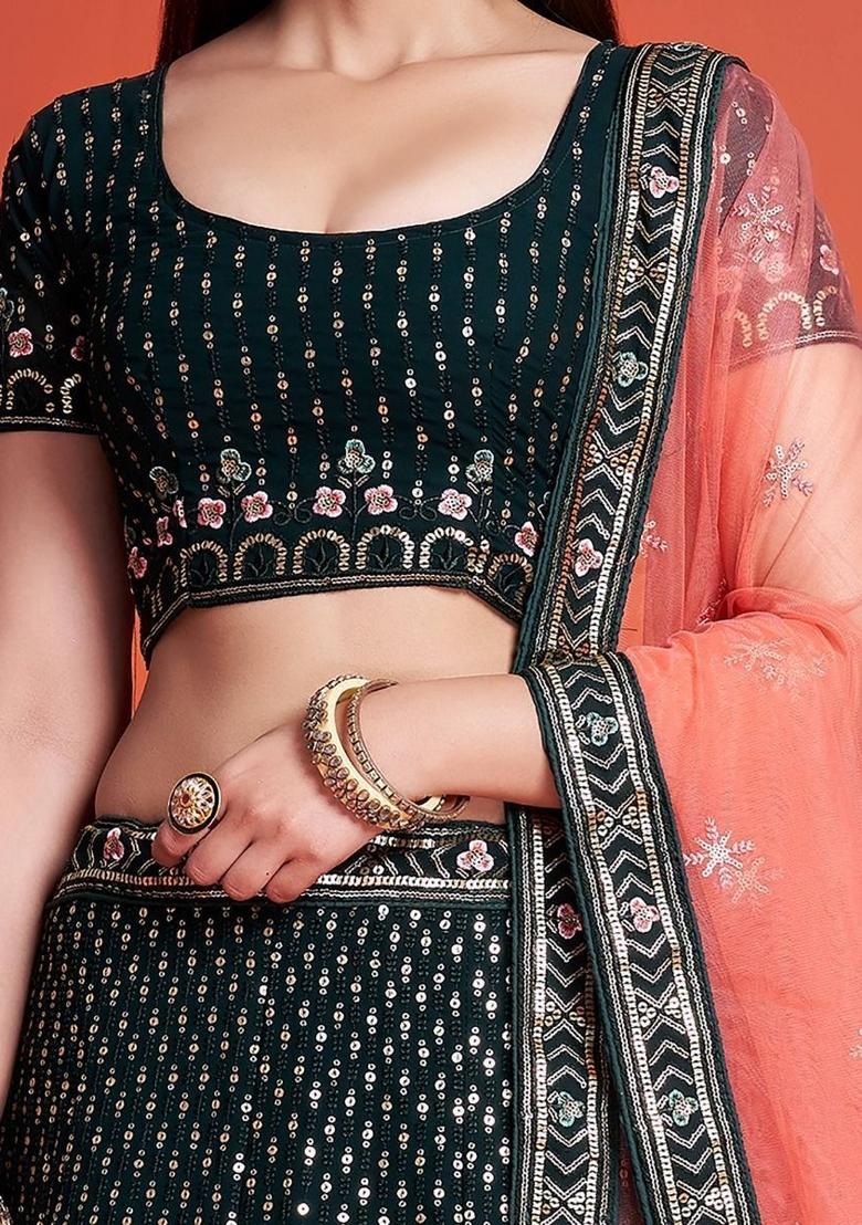 Green Embroidered Georgette Lehenga Set With Dupatta
