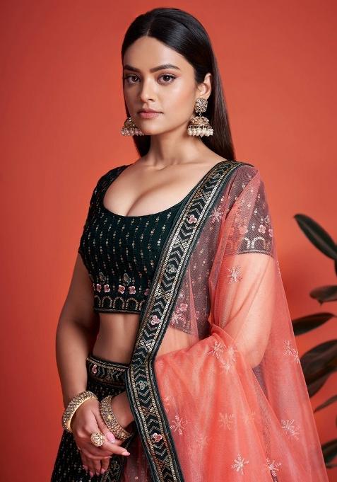 Green Embroidered Georgette Lehenga Set With Dupatta