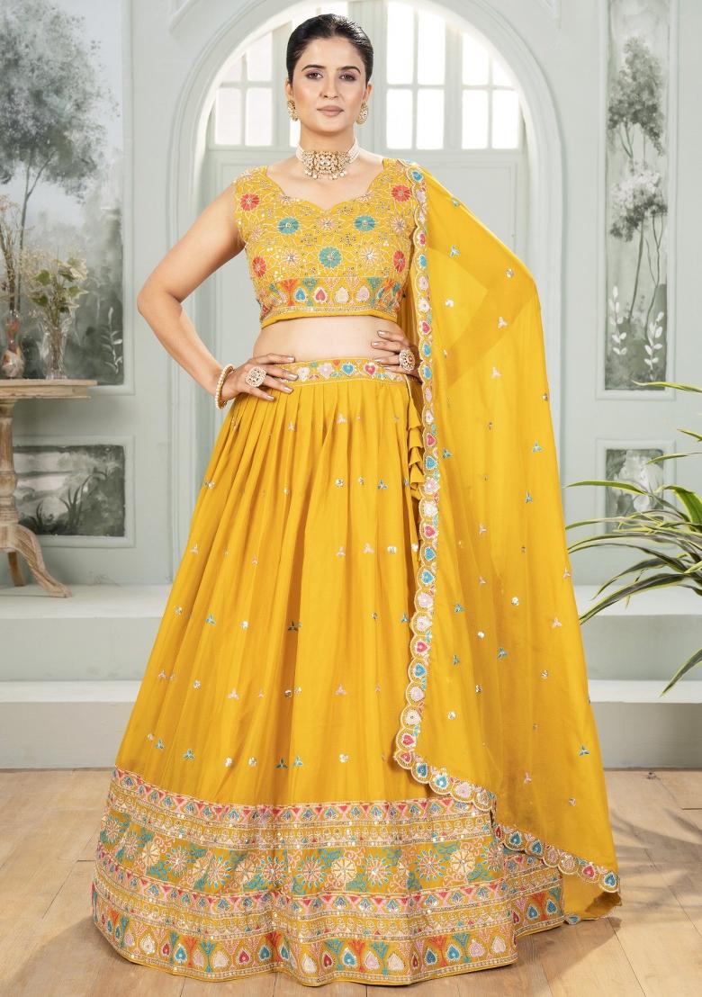 Yellow Embroidered Georgette Lehenga Set With Dupatta