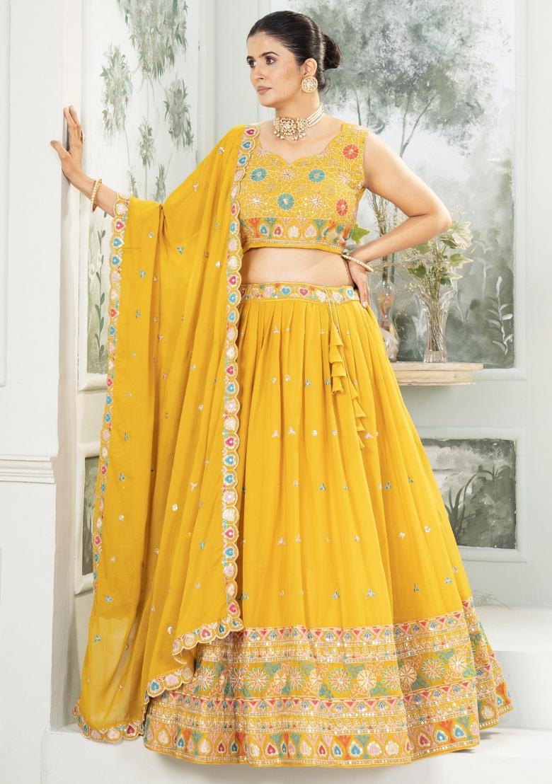 Yellow Embroidered Georgette Lehenga Set With Dupatta