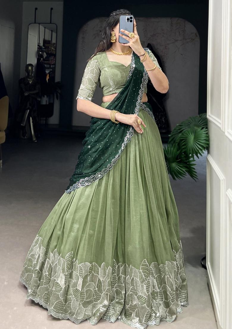 Green Embroidered Organza Lehenga Set With Dupatta