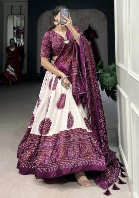 Wine Printed Silk Lehenga Set With Dupatta