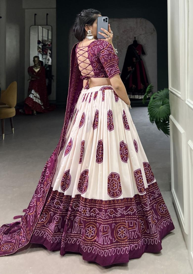 Wine Printed Silk Lehenga Set With Dupatta