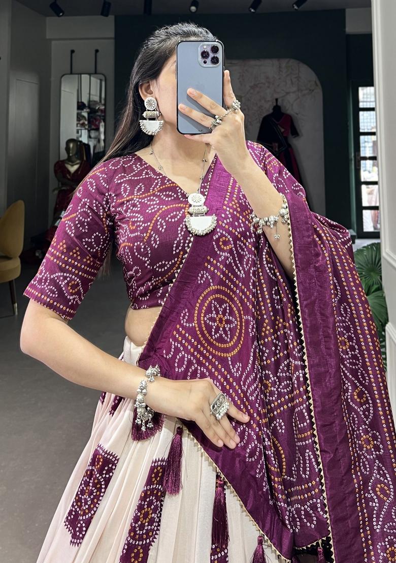 Wine Printed Silk Lehenga Set With Dupatta