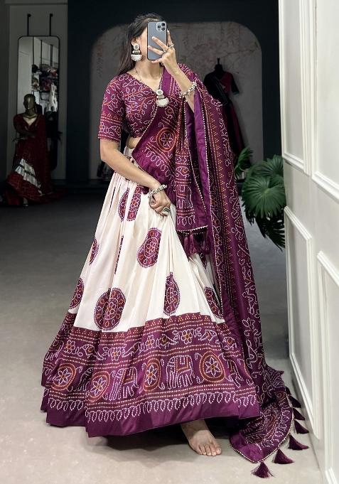 Wine Printed Silk Lehenga Set With Dupatta