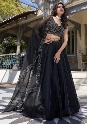 Black Embroidered Satin Lehenga Set With Dupatta
