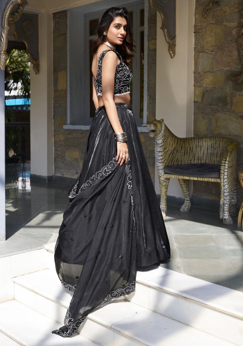 Black Embroidered Satin Lehenga Set With Dupatta