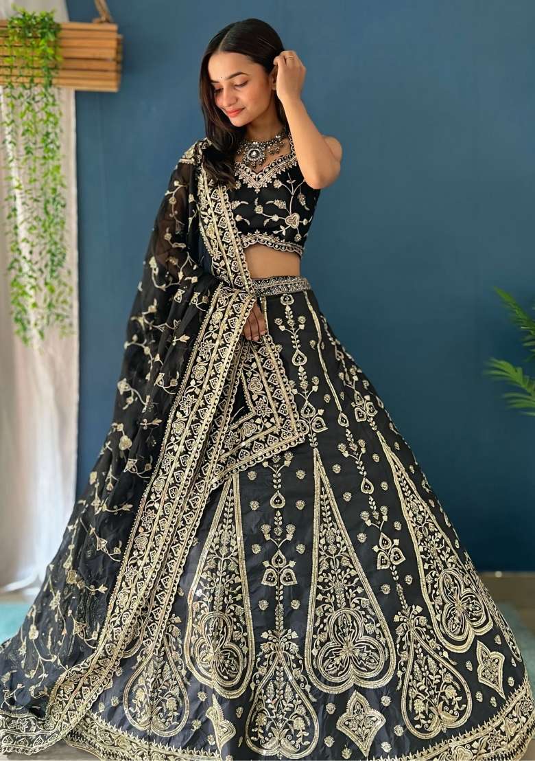 Black Embroidered Silk Blend Lehenga Set With Dupatta for Diwali and Festive Wear - Indya