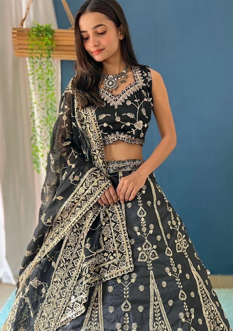 Black Embroidered Silk Lehenga Set With Dupatta