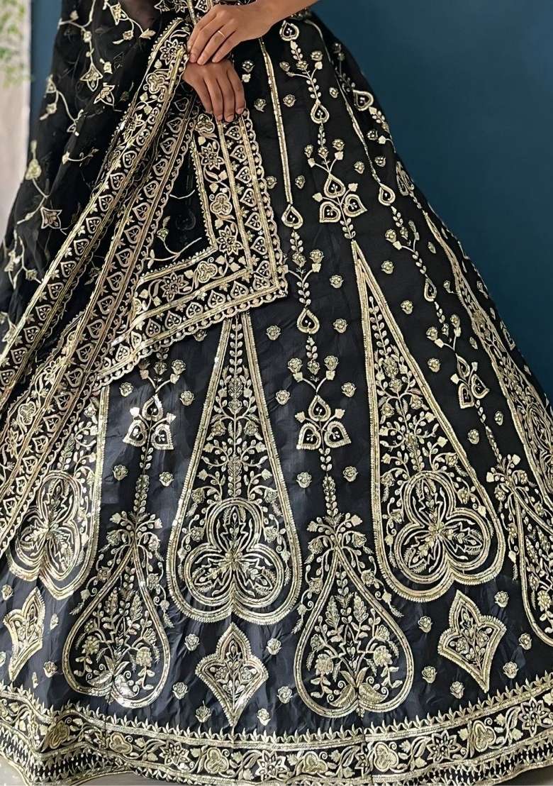 Black Embroidered Silk Blend Lehenga Set With Dupatta for Diwali and Festive Wear - Indya
