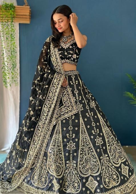 Black Embroidered Silk Lehenga Set With Dupatta — view on Indya