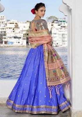 Blue Embroidered Silk Lehenga Set With Dupatta