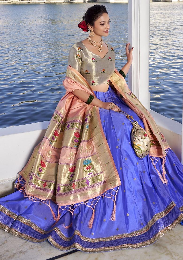 Blue Embroidered Silk Lehenga Set With Dupatta