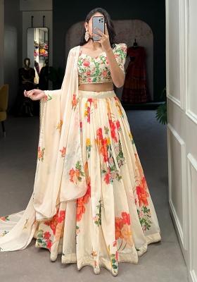 Cream Printed Georgette Lehenga Set With Dupatta