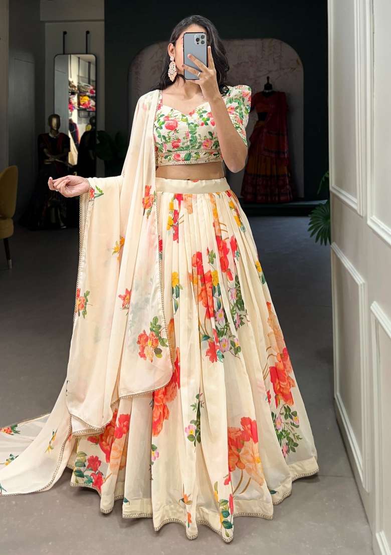 Cream Printed Georgette Lehenga Set With Dupatta - Indya