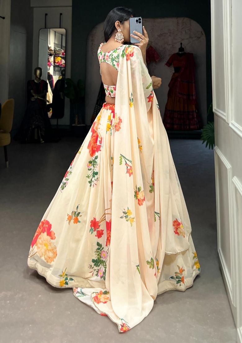 Cream Printed Georgette Lehenga Set With Dupatta