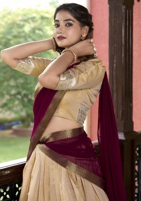 Cream Embroidered Silk Lehenga Set With Dupatta