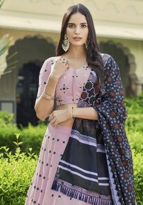Pink Embroidered Georgette Lehenga Set With Dupatta