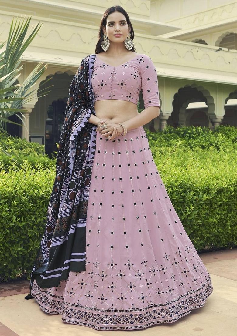 Pink Embroidered Georgette Lehenga Set With Dupatta