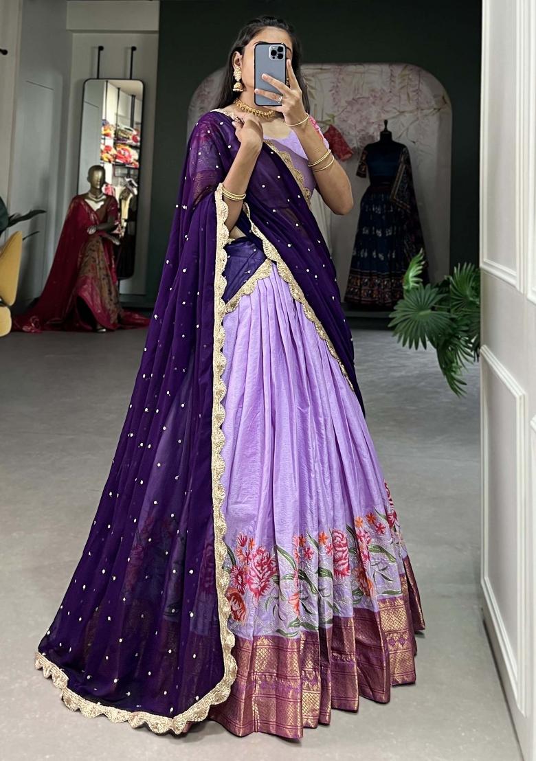 Lavender Embroidered Cotton Lehenga Set With Dupatta