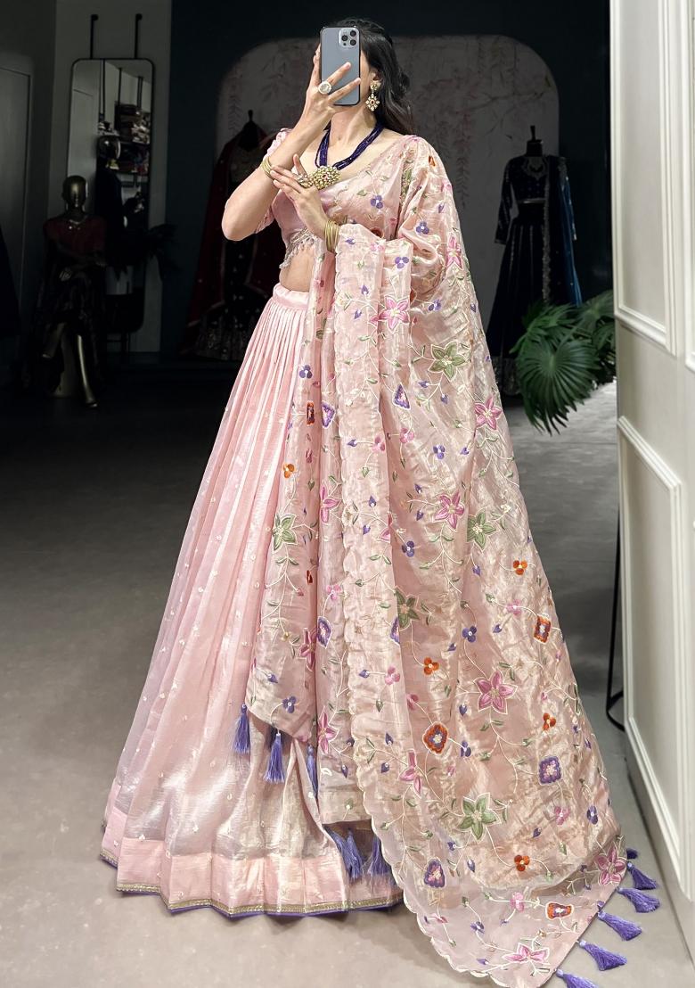Pink Embroidered Organza Lehenga Set With Dupatta