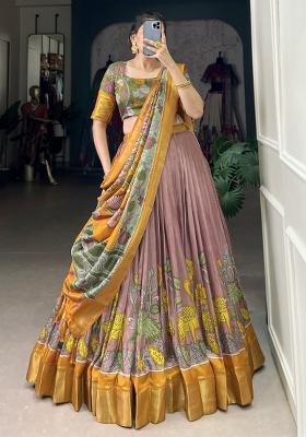 Purple Printed Jacquard Lehenga Set With Dupatta