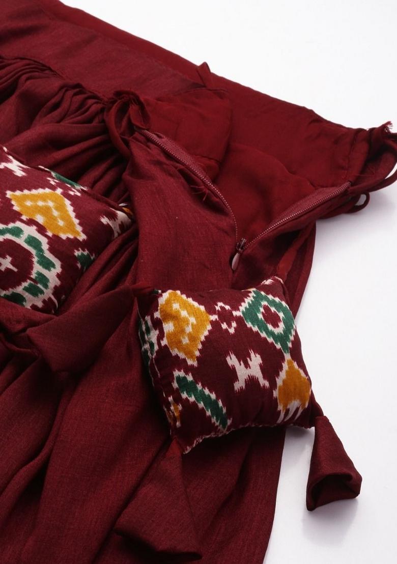 Maroon Printed Silk Lehenga Set With Dupatta