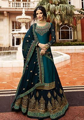 Teal Blue Digital Print Satin Georgette Lehenga Set