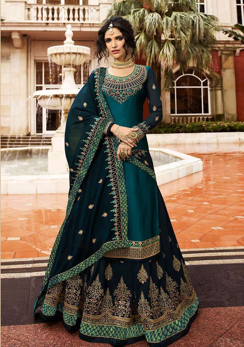 Teal Blue Digital Print Satin Georgette Lehenga Set - Indya