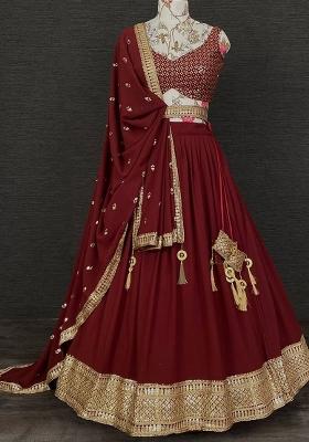 Maroon Embroidered Georgette Lehenga Set With Dupatta