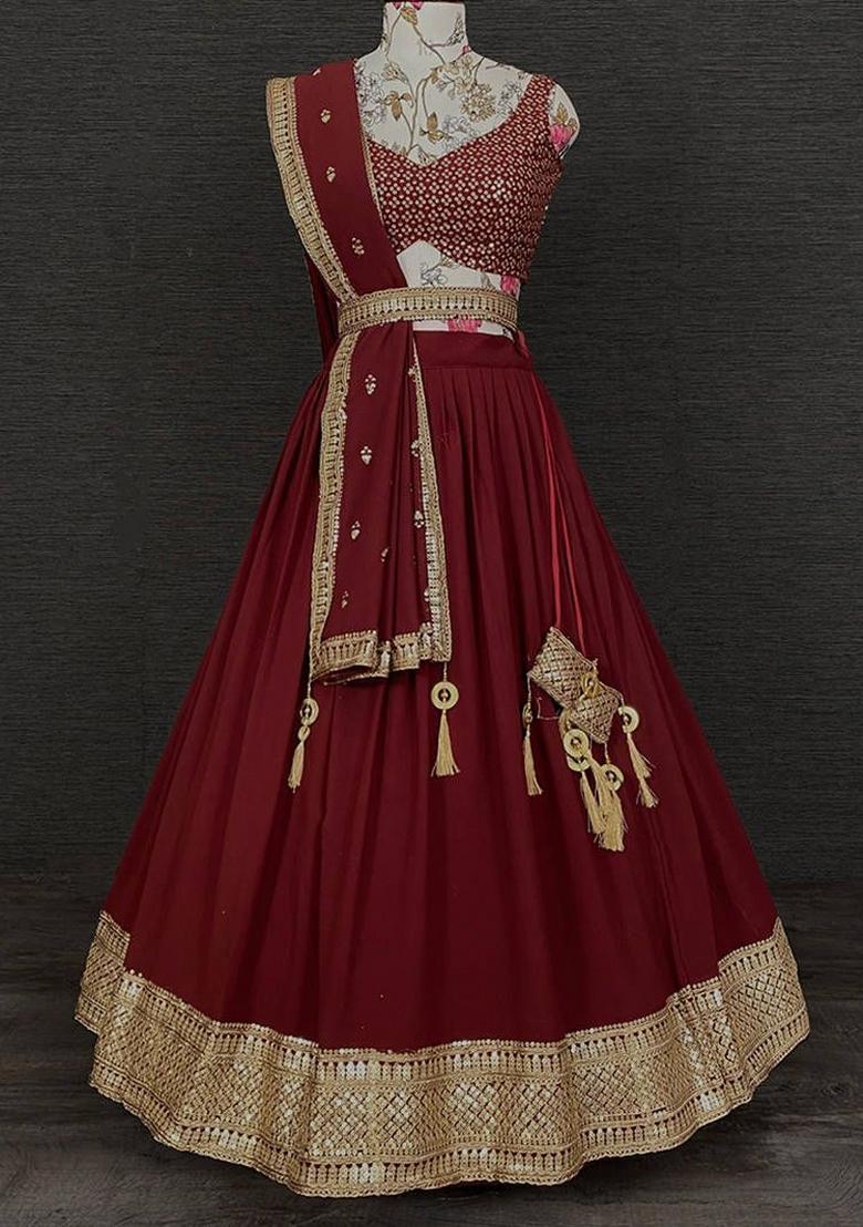 Maroon Embroidered Georgette Lehenga Set With Dupatta