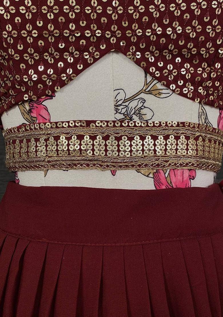 Maroon Embroidered Georgette Lehenga Set With Dupatta