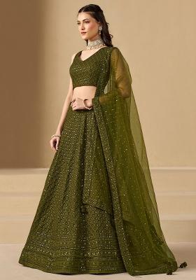 Green Embroidered Georgette Lehenga Set With Dupatta