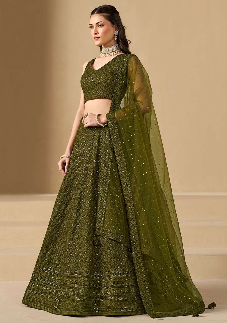 Green Embroidered Georgette Lehenga Set With Dupatta for Diwali and Festive Wear - Indya