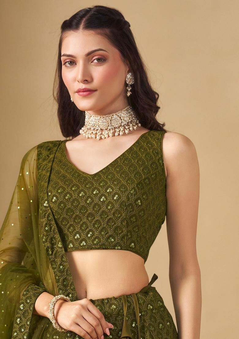 Green Embroidered Georgette Lehenga Set With Dupatta