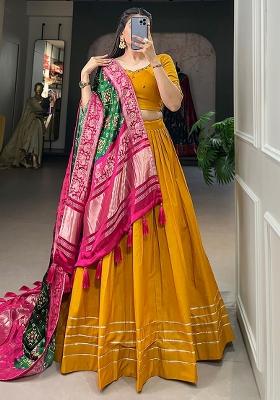 Yellow Printed Cotton Lehenga Set With Dupatta