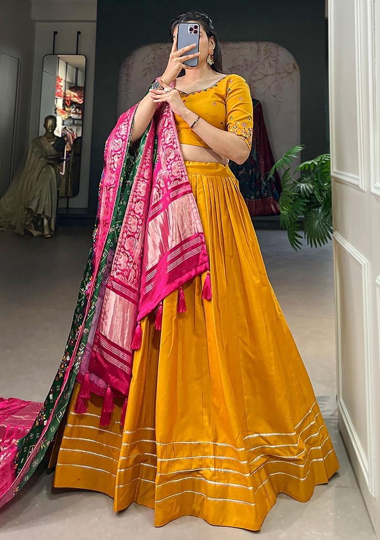 Yellow Printed Cotton Lehenga Set With Dupatta