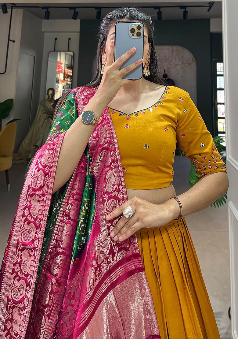 Yellow Printed Cotton Lehenga Set With Dupatta