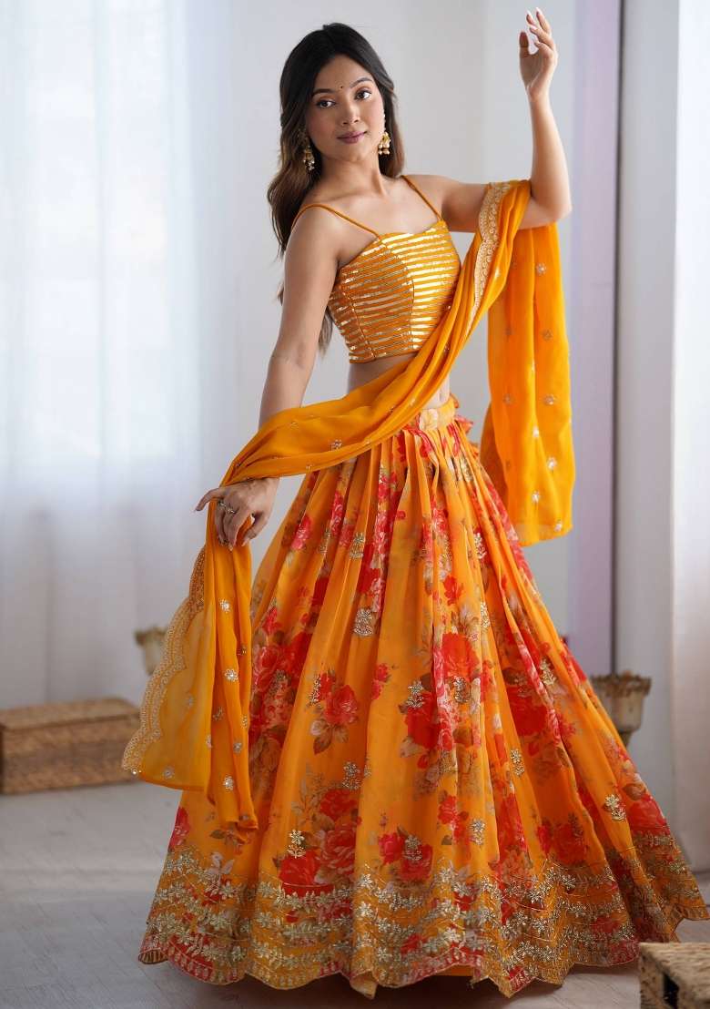 Yellow Printed Georgette Lehenga Set With Dupatta for Diwali and Festive Wear - Indya
