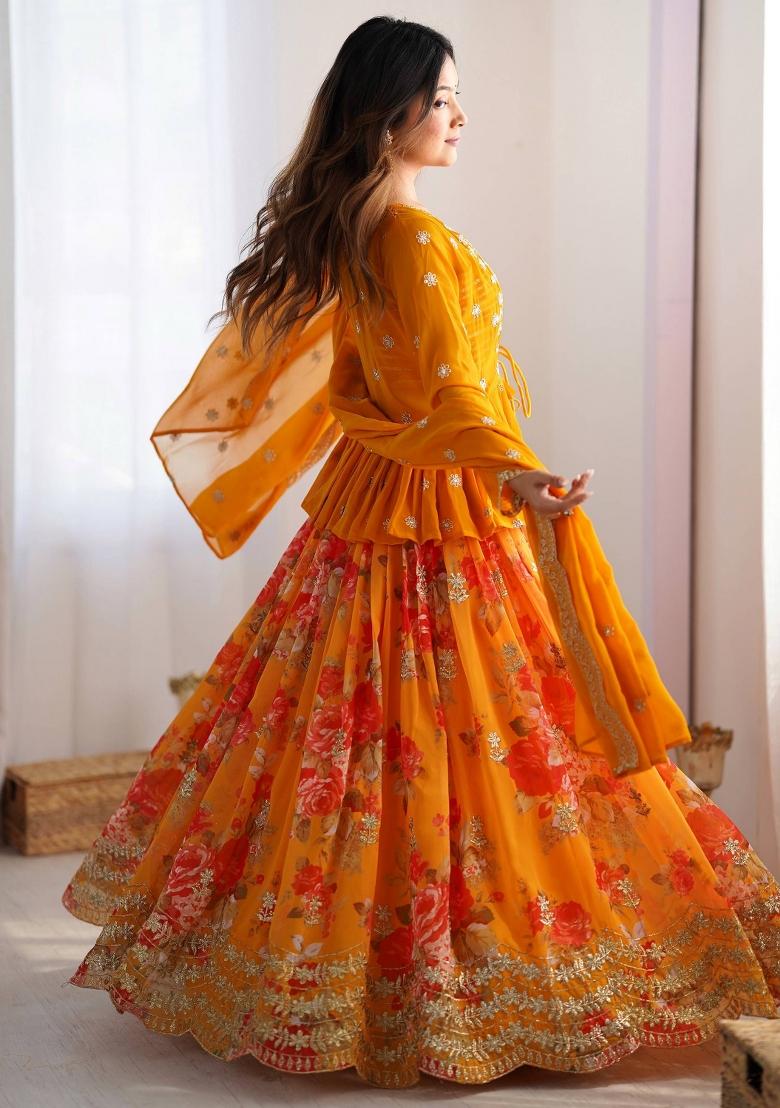 Yellow Printed Georgette Lehenga Set With Dupatta