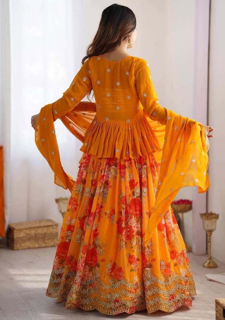 Yellow Printed Georgette Lehenga Set With Dupatta for Diwali and Festive Wear - Indya
